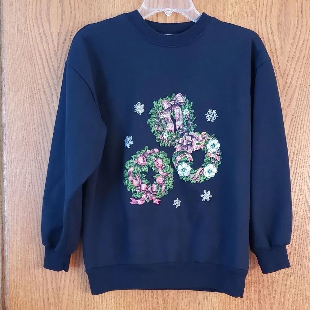 Vintage Black Holiday Wreath Sweatshirt Sz M